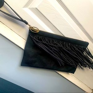 Pre owned Carlos Santana Black Textured Faux Leather Fringe Wristlet Clutch